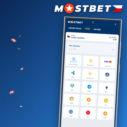 Mostbet výběr výher v CZK s ikonami karet, e-peněženek a kryptoměn